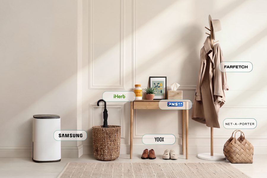 The image features a variety of products including headphones, a hat, sushi, a speaker, sunglasses, and coffee with prices next to each item along with logos representing different brands.